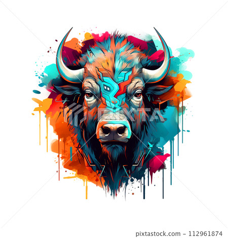 Colorful bison on clean background, DTG Printing, DTF Transfer, Sublimation designs, Buffalo Clipart. Wild Animals. Illustration, Generative AI. 112961874