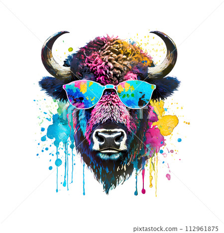 Cool bison head wear sunglass on clean background, DTG Printing, DTF Transfer, Sublimation designs, Buffalo Clipart. Wild Animals. Illustration, Generative AI. 112961875