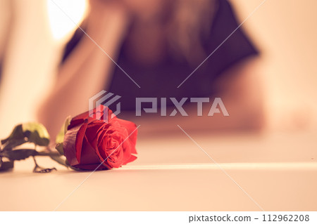 Close up of beautiful red rose on a narrow beam of sunlight on the background of a blurry image of a woman. Backdrop with copy space, empty, peach fuzz. Template, mock up for your design, text, card. 112962208
