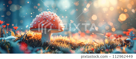 Dreamy view to fly agaric mushroom in the forest in the morning. 112962449
