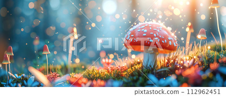 Dreamy view to fly agaric mushroom in the forest in the morning. 112962451