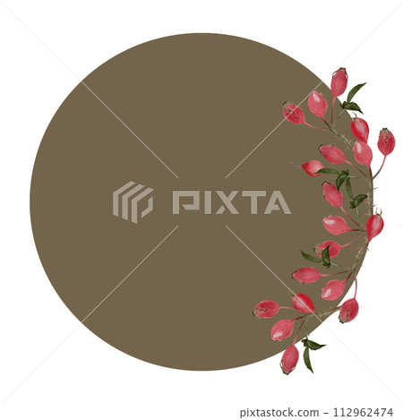 Rose hip sprig watercolor round frame isolated on white Rose hip sprig watercolor round frame isolated on white 112962474