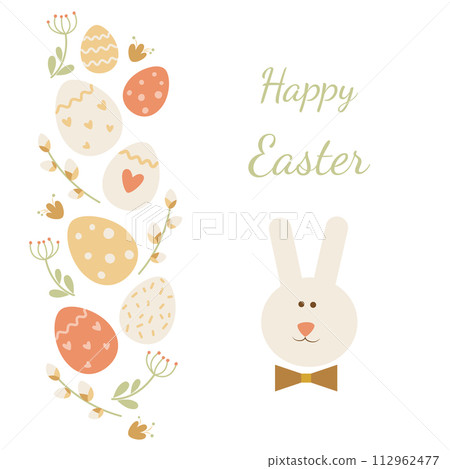 Easter card with bunny, eggs, flowers, branches on a white background. Flat style. Ideal for holiday design. Vector. Easter card with bunny, eggs, flowers, branches on a white background. Flat style. Ideal for holiday design. Vector. 112962477