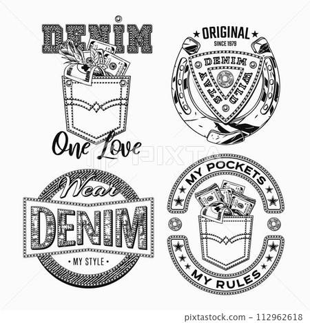 Denim style labels with text, jeans back pocket, money, horseshoe. Detailed monochrome composition in vintage style on white background. For clothing, t shirt, surface design. 112962618