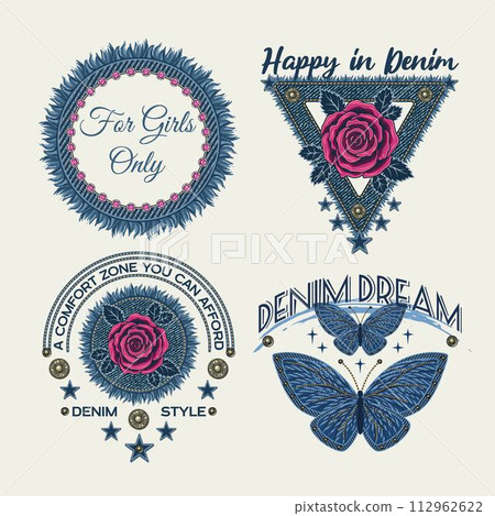 Denim theme labels with rose flower, butterfly, text, jeans fabric patches with fringe. Detailed composition in vintage style on white background. For clothing, t shirt, surface design. 112962622