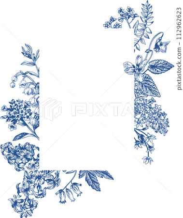 Wedding invitation with spring and summer garden flowers. Botanical illustration. Blue drawing. Wedding invitation with spring and summer garden flowers. Botanical illustration. Blue drawing. 112962623