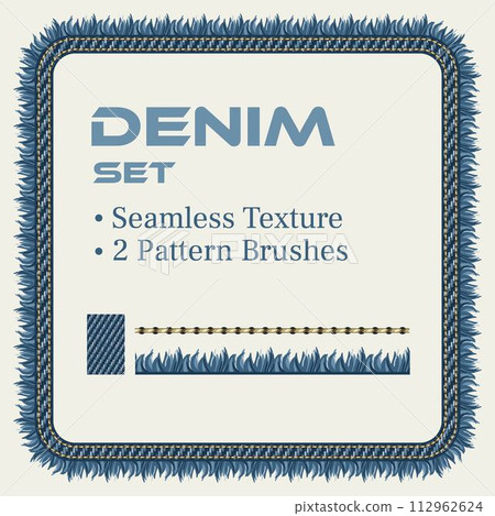 Set of design elements for denim style. Square frame, blue jeans fabric texture, denim fringe pattern brush, stitch pattern brush. Vintage style. 112962624
