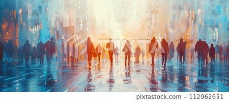 Abstract illustration of people moving in city. 112962651