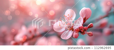 Closeup panoramic view of beautiful blossoming Sakura. 112962695