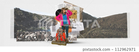 Young woman with backpacks standing on mountain and looking in binoculars against nature background. Contemporary art collage. 112962971