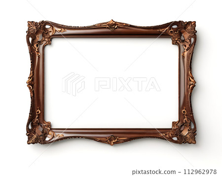 Empty golden picture frame isolated on white background. Computer digital drawing. 112962978