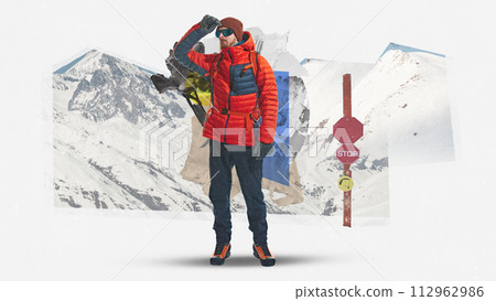 Young man in jacket with hiking equipment going hiking on mountain in winter time. Snowy background. Contemporary art collage. 112962986