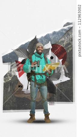 Young smiling man with backpacks, binoculars and map standing on mountains, going hiking. Contemporary art collage. 112963002