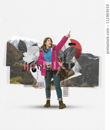 Young woman with backpacks and items for camping, hiking tourism pointing with shocked face against nature abstract background. Contemporary art 112963010