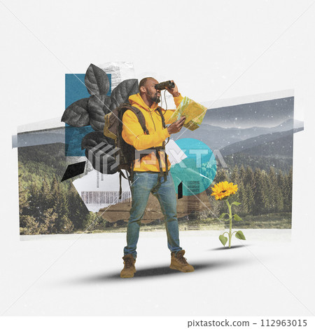 Adventure and discovery. Nature and hiking. Young man going hiking, standing with map and looking in binoculars. Contemporary art collage Adventure and discovery. Nature and hiking. Young man going hiking, standing with map and looking in binoculars. Contemporary art collage 112963015