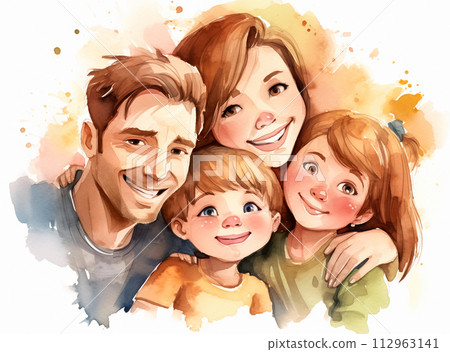 Watercolor painting of happy family. Parents with two kids. Cartoon illustration isolated on white 112963141