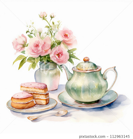 Watercolor painting of teapot and cake. Tea party, still life. 112963145