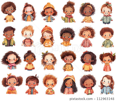 Collection of isolated cute cartoon kids with different emotion faces, happy little children avatars, multiethnic characters boys and girls 112963148