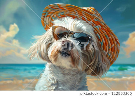 Dog relaxing in hat on the beach 112963300