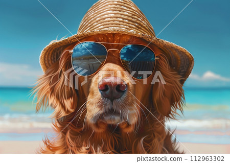 Dog relaxing in hat on the beach 112963302