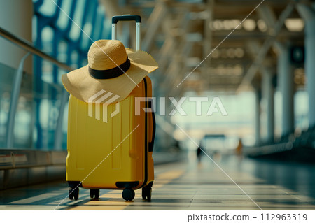 Yellow suitcase in airport terminal baggage claim area Yellow suitcase in airport terminal baggage claim area 112963319