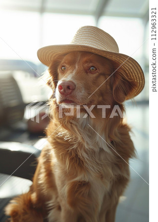 Dog in hat in airport background 112963321