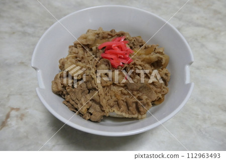 Beef bowl topped with red ginger Beef bowl topped with red ginger 112963493