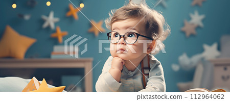 Little cute smart child sitting and thinking. Wisdom and knowledges concept. Little cute smart child sitting and thinking. Wisdom and knowledges concept. 112964062