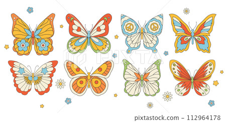 Beautiful groovy butterfly vector hand drawn illustrations set. Stock pop clip art in Hippie 60s 70s style. Peace. Pacific. 112964178