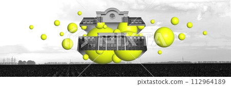 Monochrome floating building with abstract bright yellow sphere elements on back and white background. Contemporary art collage. 112964189