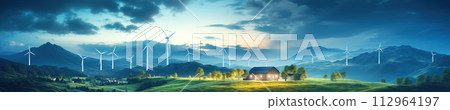 Conceptual background with houses that receive electrical energy from wind turbines and solar panels. 112964197