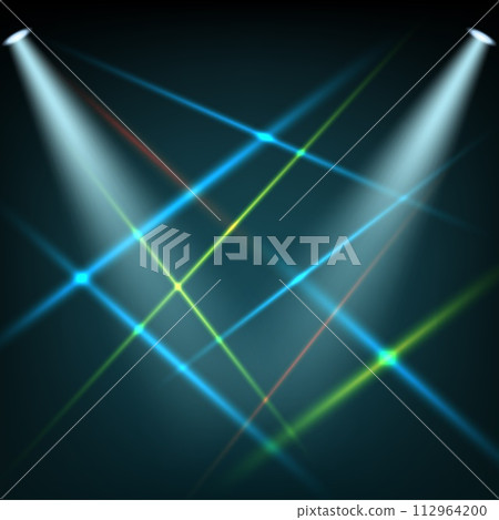 Multicolor Spotlights Shining On Dark Background, Vector Illustration Multicolor Spotlights Shining On Dark Background, Vector Illustration 112964200