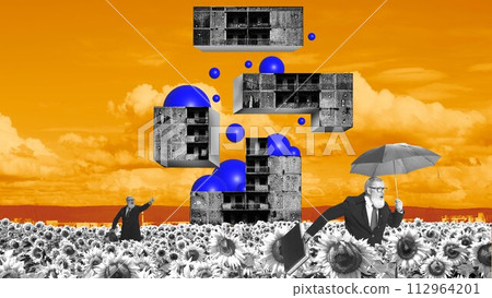 Monochrome floating buildings with blue spheres over sunflower field with man and umbrella. Contemporary art collage. Monochrome floating buildings with blue spheres over sunflower field with man and umbrella. Contemporary art collage. 112964201