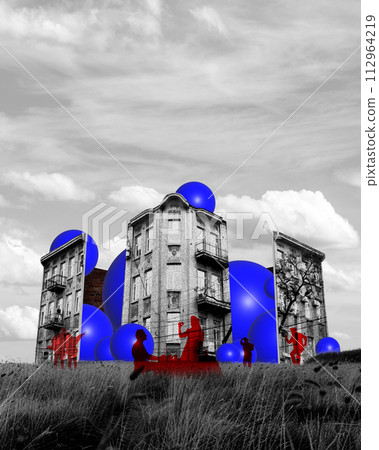 Silhouettes of the past. Monochrome vintage building with bright blue geometric abstract elements and red silhouette of people. Contemporary art collage. 112964219