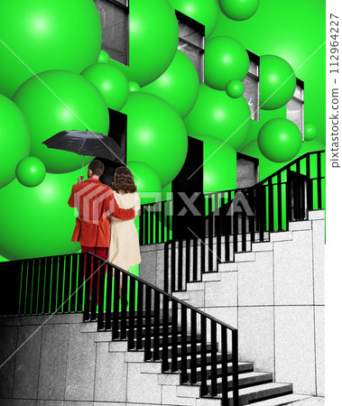 Young couple, man and woman standing with umbrella near abstract monochrome building with bright green elements. Contemporary art collage. Young couple, man and woman standing with umbrella near abstract monochrome building with bright green elements. Contemporary art collage. 112964227