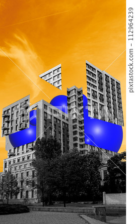 Monochrome modern building with abstract blue geometric shapes against yellow sky background. Contemporary art collage. Monochrome modern building with abstract blue geometric shapes against yellow sky background. Contemporary art collage. 112964239