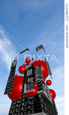 Abstract geometric black and white modern building with red geometric elements on blue sky background. Contemporary art collage. Abstract geometric black and white modern building with red geometric elements on blue sky background. Contemporary art collage. 112964253