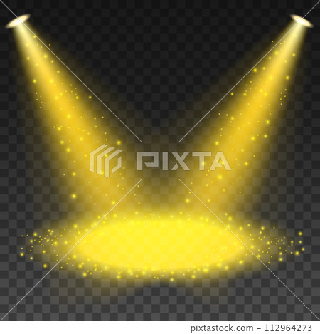 Golden Spotlights Shining On Transparent Background, Vector Illustration 112964273