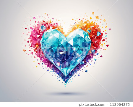Abstract blue heart in the form of a gemstone surrounded by colorful fragments Abstract blue heart in the form of a gemstone surrounded by colorful fragments 112964275