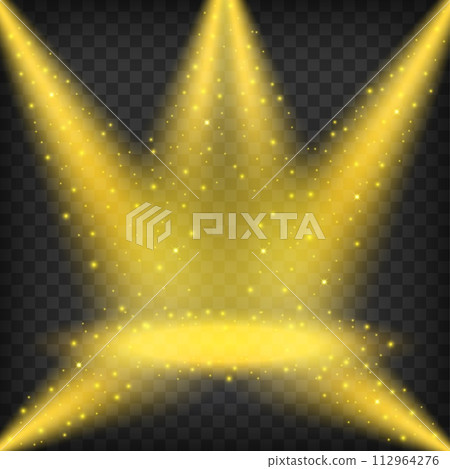 Golden Spotlights Shining On Transparent Background, Vector Illustration 112964276