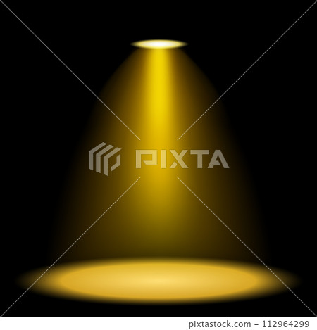 Golden Spotlights Shining On Dark Background, Vector Illustration 112964299