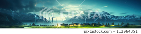 Conceptual background with houses that receive electrical energy from wind turbines and solar panels. 112964351