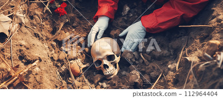 Coroner investigating a human skull on the ground. Concept of police, archeology and murder. 112964404