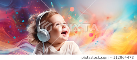 Cute small funny child with headphones on his head. 112964478