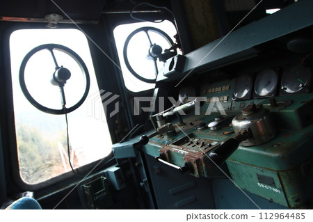 The cab of a Japanese National Railways DE10 diesel locomotive preserved at Poppo Hill in Chiba Prefecture The cab of a Japanese National Railways DE10 diesel locomotive preserved at Poppo Hill in Chiba Prefecture 112964485