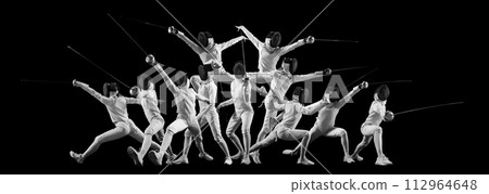 Collage in monochrome filter. Sequence of fencer's movements captured in multiple exposures against black background. Collage in monochrome filter. Sequence of fencer's movements captured in multiple exposures against black background. 112964648