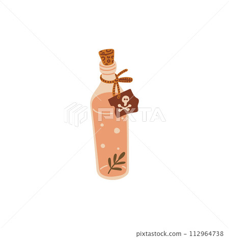 Poison bottle with skull tag flat vector icon, witches potion elixir, alchemy flask with venom herb beverage, chemicals Poison bottle with skull tag flat vector icon, witches potion elixir, alchemy flask with venom herb beverage, chemicals 112964738