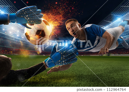 Powerful kick of a soccer player with fiery soccerball in the football stadium Powerful kick of a soccer player with fiery soccerball in the football stadium 112964764