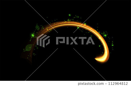 Magic golden swirl with green glitter and petals, game art. Magic golden swirl with green glitter and petals, game art. 112964812