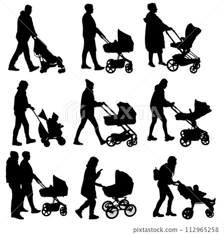 Set of silhouettes on a white background of a parents and children on a walk Set of silhouettes on a white background of a parents and children on a walk 112965258
